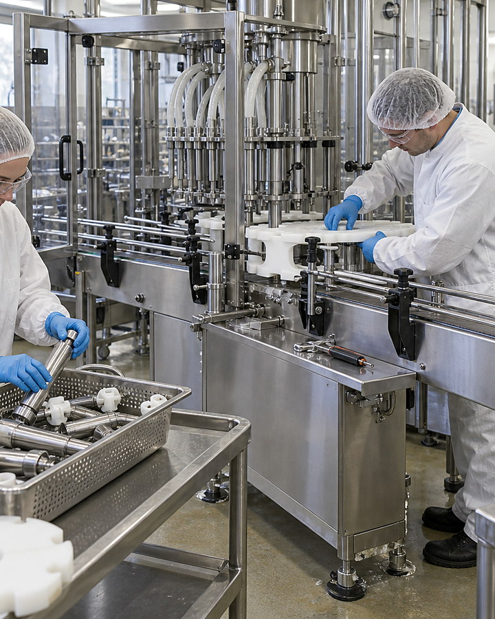 People handling filling-machine components beside stainless production equipment.