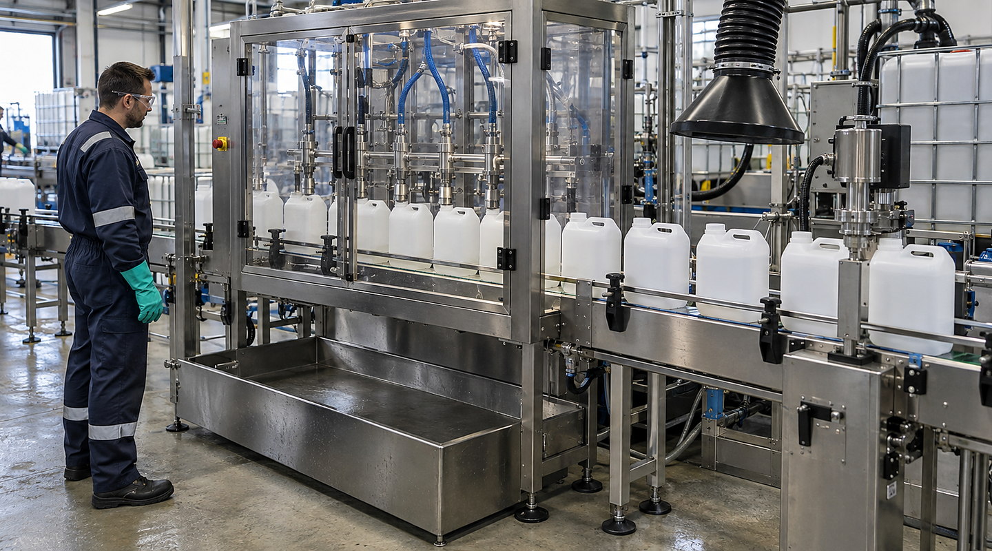 White handled containers on a conveyor beside enclosed filling equipment.
