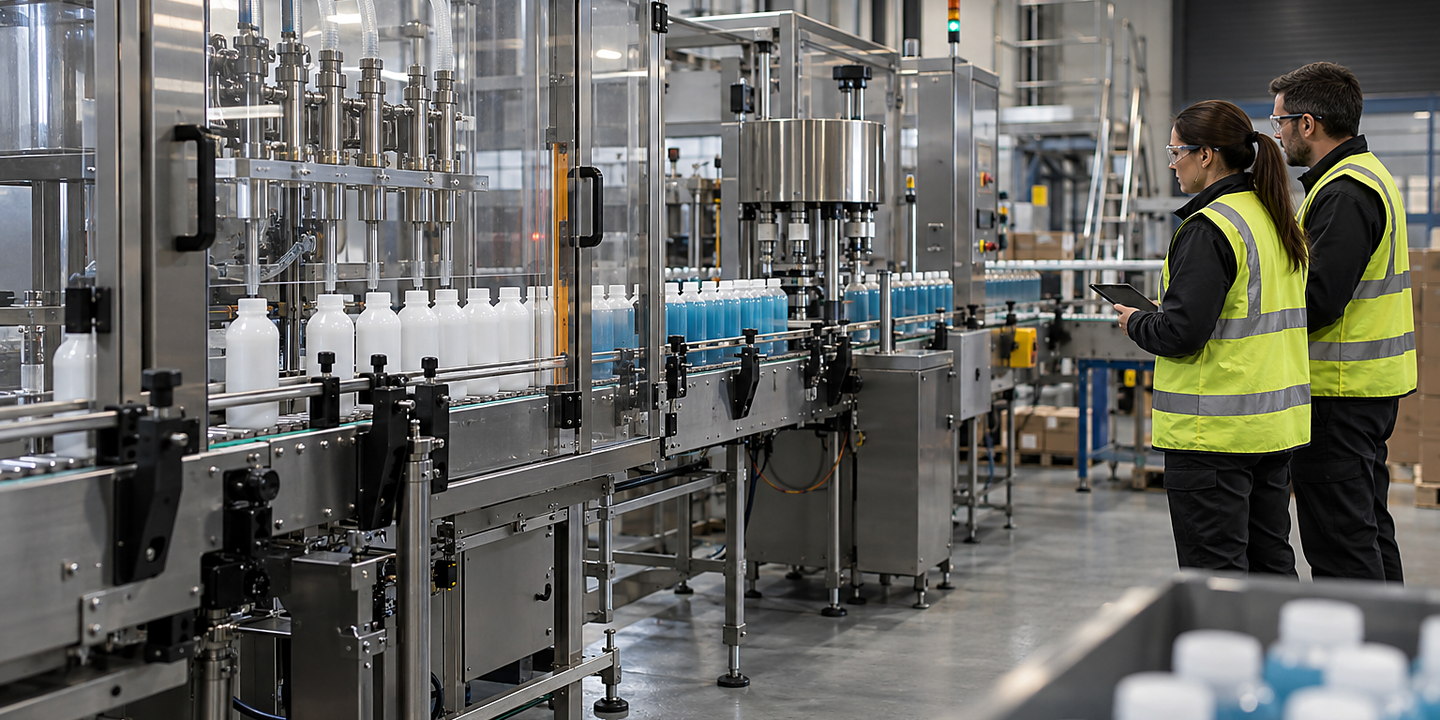 Bottles on a conveyor beside enclosed filling equipment.