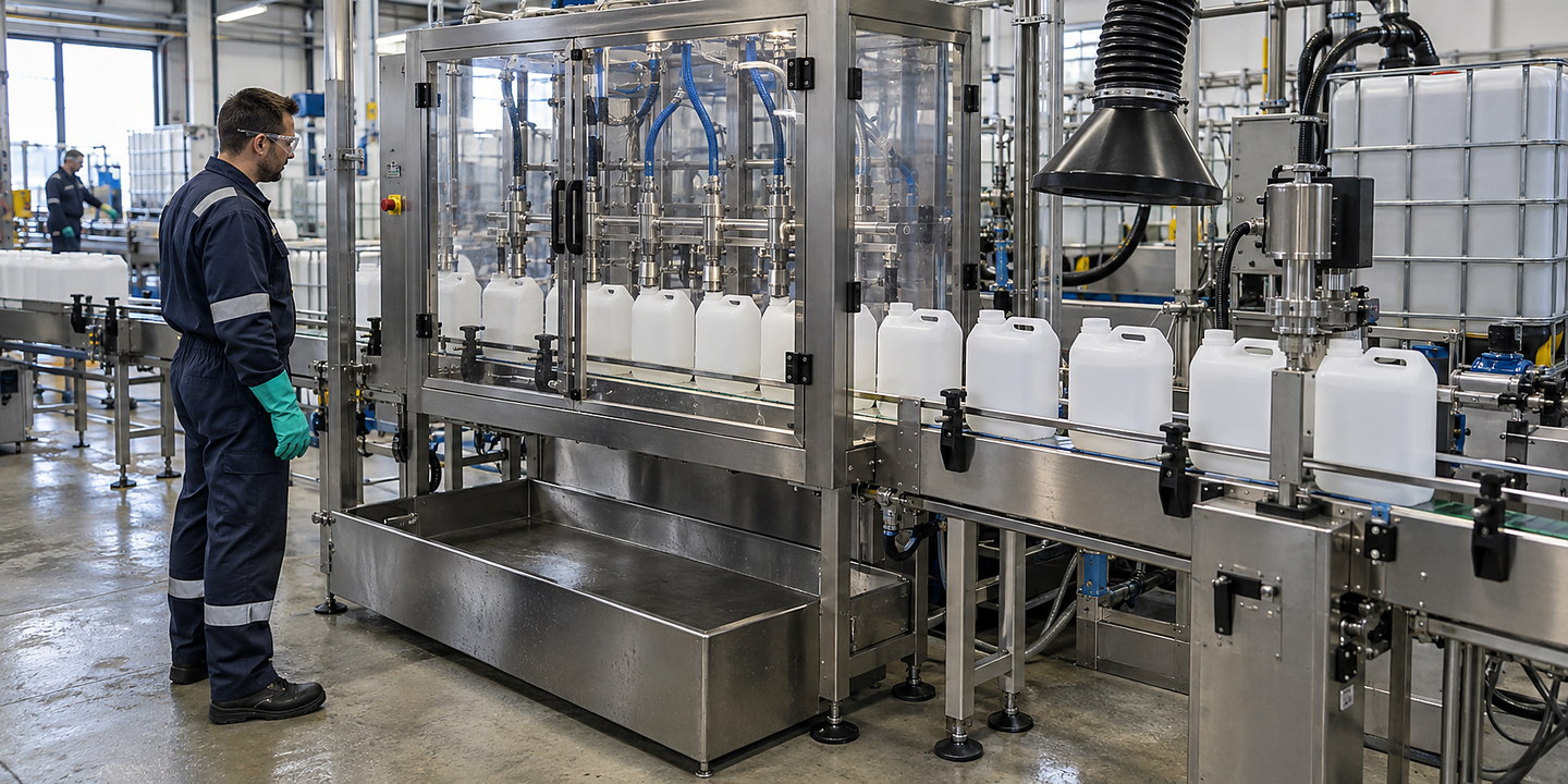 White handled containers on a conveyor beside enclosed filling equipment.
